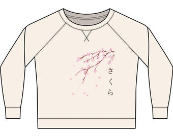 Sakura Cherry Blossom ronde hals vedergewicht French Terry damesshirt met lange mouwen