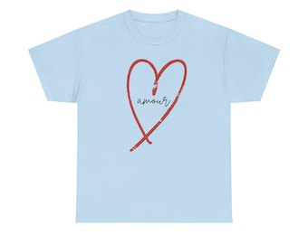 Amour Heart skiss T-shirt | Alla hjärtans dag-hjärtkontur, fransk kärleksskrift