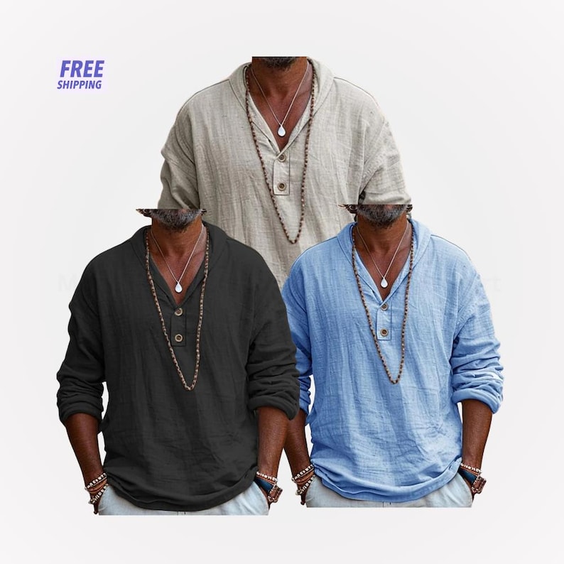 Peut inclure: Trois chemises Henley &agrave; manches longues, de couleurs noire, bleu clair et beige. Chaque chemise a un col en V avec trois boutons et un collier de perles. Le texte "FREE SHIPPING" est visible en haut &agrave; gauche.