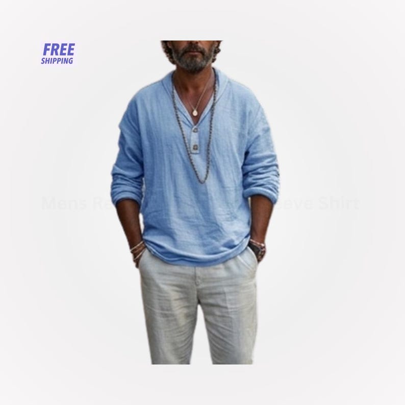 Peut inclure: Une chemise bleu clair &agrave; manches longues avec un col ch&acirc;le et trois boutons. La chemise est associ&eacute;e &agrave; un pantalon gris clair. L'image comprend le texte "FREE SHIPPING".