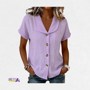 Blusa de mujer de algodón y lino con solapa, manga corta abullonada y botones delanteros, estilo casual y holgado, ideal para el verano.