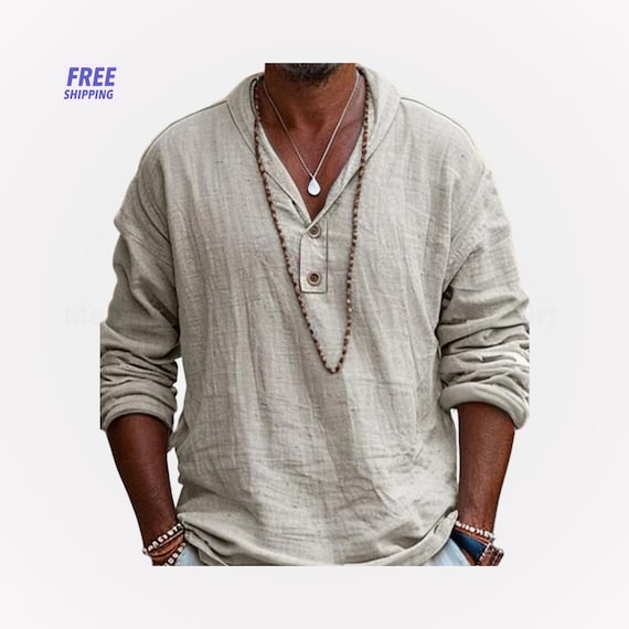 Men's Retro Cotton Long Sleeve Shirt Business Casual Breathable Plain Color Lightweight Base Top