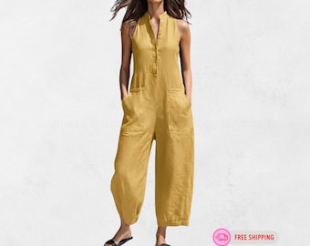 Women's Cotton Linen Wide Leg Jumpsuit Sleeveless Stand Collar High Waist Casual Summer Outfit