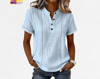 Women's V Neck Striped Blouse Patchwork Short Sleeve Loose Fit Casual Summer Shirt