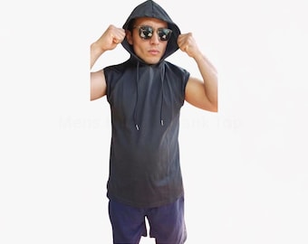 Débardeur à capuche pour hommes, sans manches, couleur unie, hip hop, gilet décontracté, t-shirt musculaire d'été