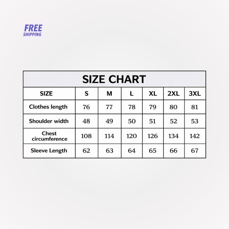 Peut inclure: Un tableau des tailles de v&ecirc;tements avec des mesures en centim&egrave;tres, comprenant la longueur des v&ecirc;tements, la largeur des &eacute;paules, le tour de poitrine et la longueur des manches. Les tailles vont de S &agrave; 3XL. Le texte "FREE SHIPPING" est en haut &agrave; gauche.