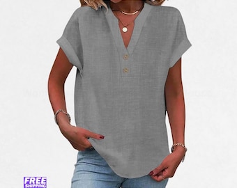 Blusa de mujer de algodón y lino con cuello en V: Camisa transpirable de verano con botones, ideal para la oficina.