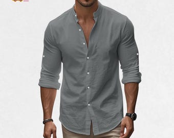 Chemise homme en lin mélangé : manches longues, coupe ajustée, haut de style européen respirant