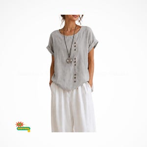 Blusa feminina vintage em algodão e linho | Blusa casual de verão com botões frontais, manga curta e modelagem ampla.