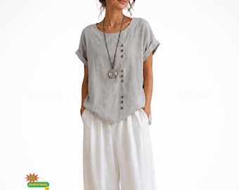 Blusa vintage de algodón y lino para mujer / Top informal de verano de manga corta y corte holgado con botones delanteros.