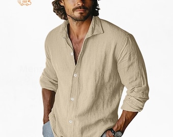 Chemise à manches longues en lin pour homme : revers vintage, coupe ample, haut décontracté respirant