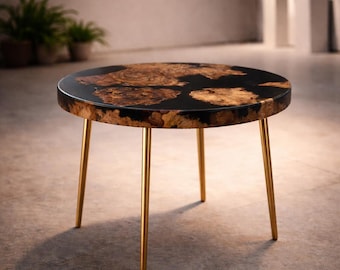 Round Olive Wood and Epoxy Table – Burl Wood Resin Side Table – Handmade Gold Metal Legs