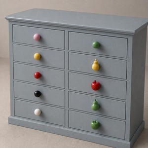 May include: A grey wooden chest of drawers featuring ten drawers arranged in two vertical columns. The left column has five round knobs in pink, yellow, red, black, and white. The right column has five fruit-shaped knobs in green, yellow, red, green, and green.