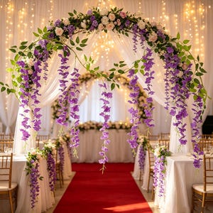 Puede incluir: Un arco de boda circular decorado con flores de glicinia moradas en cascada, rosas blancas y hojas verdes. El arco está colocado sobre un pasillo de alfombra roja, enmarcado por tela blanca drapeada y luces cálidas de fondo.