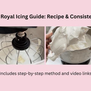 May include: A digital guide titled The Royal Icing Guide: Recipe & Consistency, featuring two images of a stand mixer bowl with a wire whisk attachment and white icing. The text includes Includes step-by-step method and video links.