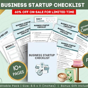 Könnte beinhalten: Eine Sammlung von Checklisten und Planern für Unternehmensgründungen. Das Bild zeigt ein zentrales Heft mit dem Titel "Business Startup Checklist", umgeben von verschiedenen Checklisten, einer Kaffeetasse und einem kleinen Stapel Bücher. Der Text "60% OFF ON-SALE FOR LIMITED TIME" ist sichtbar.