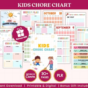 Barns sysslor Canva redigerbar mall PLR | Tjäna pengar-diagram, löneschema, sysslor för barn | Tillbaka till skolan | Direkt nedladdning