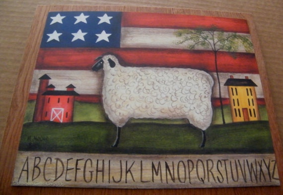 Americana Flag Sheep Saltbox Houses Alphabet Folk Art Wall Image 0