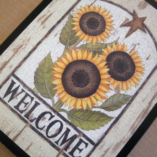 10x13" SUNFLOWER WELCOME  Country Retro Primitive KITCHEN Decor Sign Free Shipping