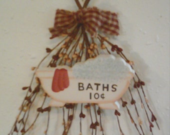 Primitive Berry Swag BATHS sign Bathroom Wall Country Decor Free Shipping