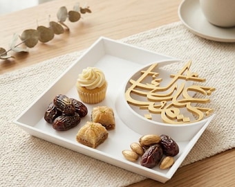 Bandeja de servir con forma de media luna para Eid Mubarak / Plato decorativo de Ramadán con caligrafía árabe