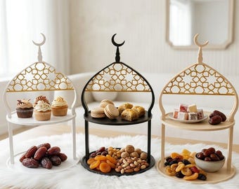 Soporte para postres de 2 niveles / Bandeja de servir con diseño geométrico islámico (Decoración para Eid y Ramadán)