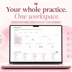 May include: A laptop screen displaying the Therapy OS dashboard with the text Your whole practice. One workspace. Intake to discharge, notes to billing, CEUs to renewal. The interface includes client organization, session tracking, billing, and compliance tools.