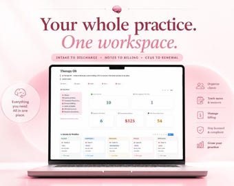 May include: A laptop screen displaying the Therapy OS dashboard with the text Your whole practice. One workspace. Intake to discharge, notes to billing, CEUs to renewal. The interface includes client organization, session tracking, billing, and compliance tools.