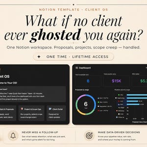 Puede incluir: Anuncio de un producto digital para una plantilla de Notion llamada "Client OS". El diseño presenta un tema oscuro con texto blanco, mostrando paneles y funciones. El texto dice "What if no client ever ghosted you again?" y "One Time Lifetime Access."
