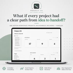 May include: A laptop screen displaying the Project OS dashboard interface with numerical project metrics, navigation menus, and the text: What if every project had a clear path from idea to handoff? One Notion workspace. Projects, deliverables, decisions—handled.