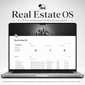 以下が含まれることがあります： 不動産業者向けのオールインワンダッシュボード「Real Estate OS」を表示したノートパソコンの画面。インターフェースには、アクティブな物件リスト、週ごとの内覧数、優先度の高いタスク、クライアントリスト、フォローアップタスクを管理するデータベースセクションが含まれています。