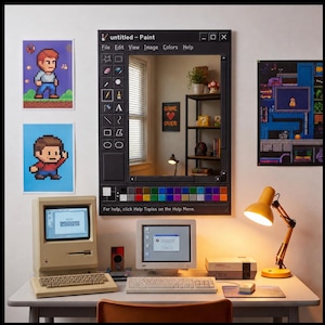 Può includere: Un'impostazione da scrivania retrò con computer vintage, una lampada da scrivania gialla e poster di pixel art. Uno specchio a forma di finestra di Paint di Windows è appeso al muro. Il testo "GAME OVER" è visibile.