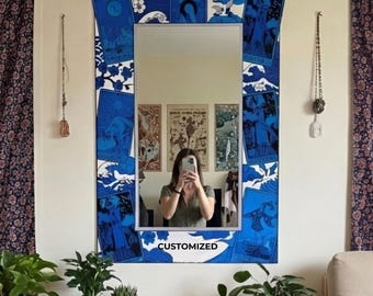 Anpassad tarotspegeldekor, Japonisme tarotspegel elektrisk blå koboltsvart dekorativ väggkonst