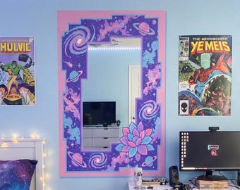 Retro Pixel Art Galaxy Mirror - Decoración de pared espacial estética de los años 90 - Kawaii Gamer Room Mirror