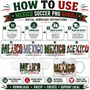 Może przedstawiać: Cyfrowy pakiet graficzny do pobrania z instrukcjami dotyczącymi korzystania z plik&oacute;w PNG. Obraz przedstawia słowo "MEXICO" w r&oacute;żnych wzorach, wyświetlane na koszulce i kubku. Tekst zawiera "Fiesta y F&uacute;tbol" i "Leyenda y Pasi&oacute;n".