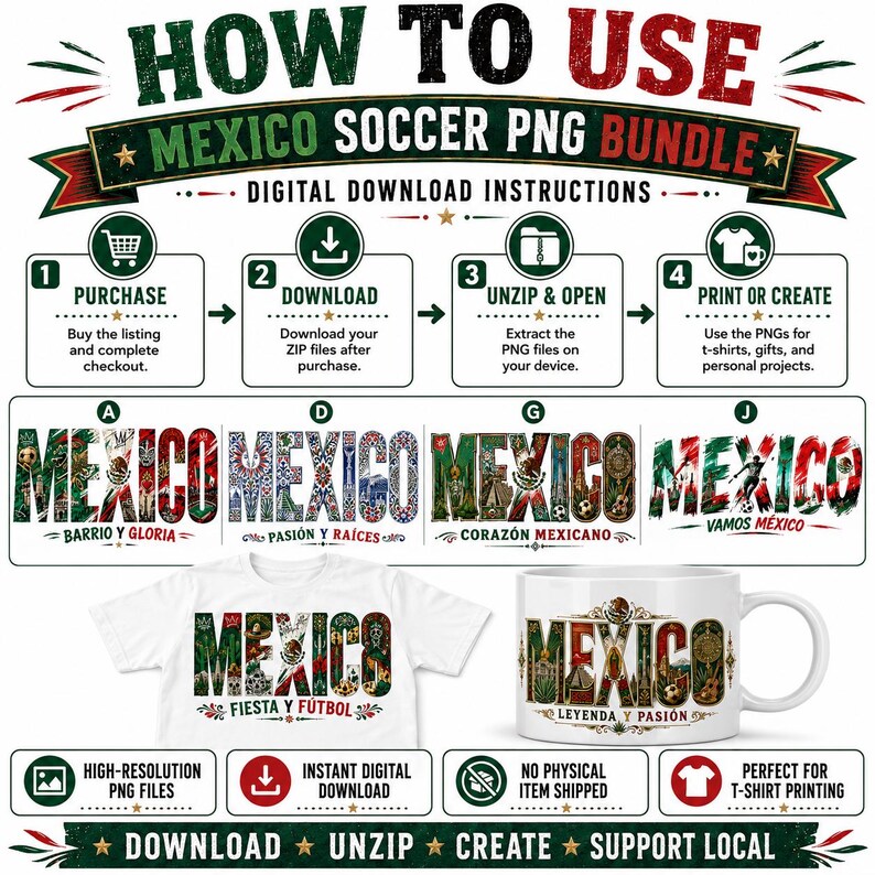 Może przedstawiać: Cyfrowy pakiet graficzny do pobrania z instrukcjami dotyczącymi korzystania z plik&oacute;w PNG. Obraz przedstawia słowo "MEXICO" w r&oacute;żnych wzorach, wyświetlane na koszulce i kubku. Tekst zawiera "Fiesta y F&uacute;tbol" i "Leyenda y Pasi&oacute;n".