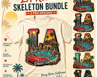 Los Angeles Pool Party PNG Bundle | Retro Skeleton & Vintage Car T-Shirt Design