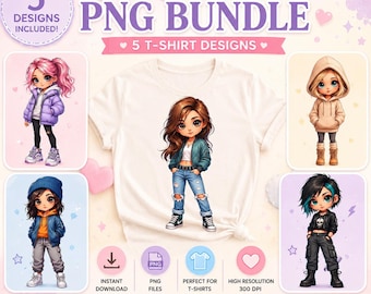 Chibi Girl PNG Bundle, Kawaii Anime Clipart, 5 T-Shirt Designs (Digital Download)