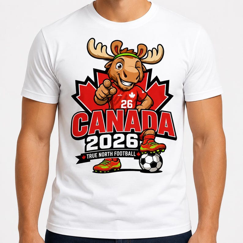 May include: A white t-shirt featuring a cartoon moose mascot wearing a red jersey with the number 26, pointing forward. The design includes a red maple leaf, the text CANADA 2026, and TRUE NORTH FOOTBALL, with the moose standing on a soccer ball.