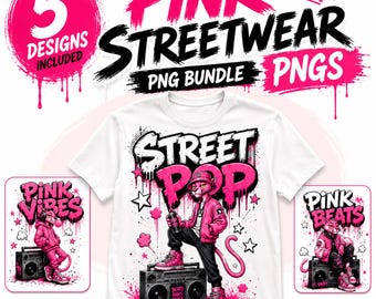 Pink Streetwear PNG Bundle, Urban Graffiti Cat Designs (Digital Download)