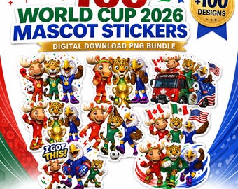 2026年ワールドカップマスコットステッカーPNGバンドル、サッカートリオクリップアート（デジタルダウンロード）