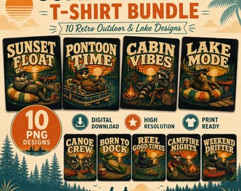 Retro Bear Fishing T Shirt, Summer Lake Cabin Canoe Clipart (Digital Download)