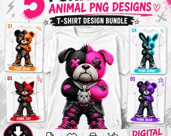 Animal PNG Bundle, Goth Teddy Bear, Punk Plush  T-Shirt Design (Digital Download)