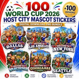 Peut inclure: Un lot numérique PNG à télécharger de stickers de mascottes des villes hôtes de la Coupe du Monde 2026. L'image présente des autocollants avec des mascottes représentant Dallas, Los Angeles, New York, Vancouver, Guadalajara et Seattle.