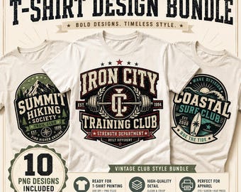Vintage Club Style T-Shirt Design Bundle, Retro Sports Badge Graphics (PNG Files)