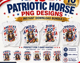 Patriotic Horse PNG Bundle, 10 Cowboy Designs, American Flag Sublimation Clipart (Digital Download)