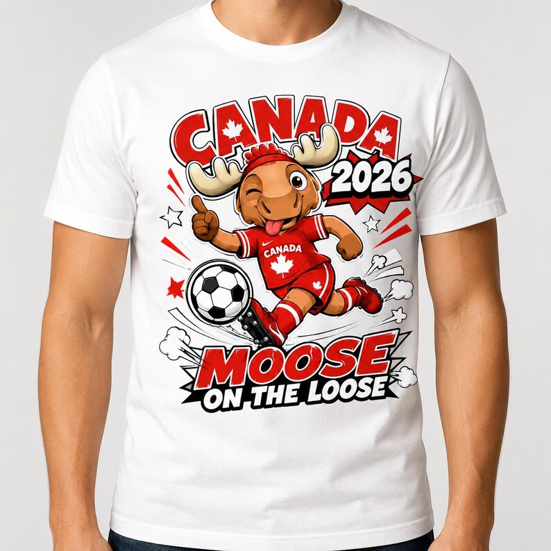May include: A white t-shirt featuring a cartoon moose wearing a red soccer uniform with a maple leaf, kicking a soccer ball. The graphic includes the text CANADA 2026 and MOOSE ON THE LOOSE, with red accents, stars, and motion lines surrounding the character.