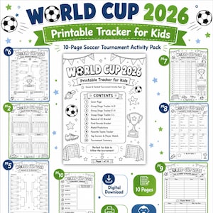 Könnte beinhalten: Ein druckbares 10-seitiges Fußball-Turnier-Aktivitätspaket zur Weltmeisterschaft 2026 für Kinder. Das Set enthält ein Deckblatt, Gruppenphasen-Tracker, einen Turnierbaum für die Runde der 32, Spielvorhersagen, Team-Tracker und eine Turnierübersicht.