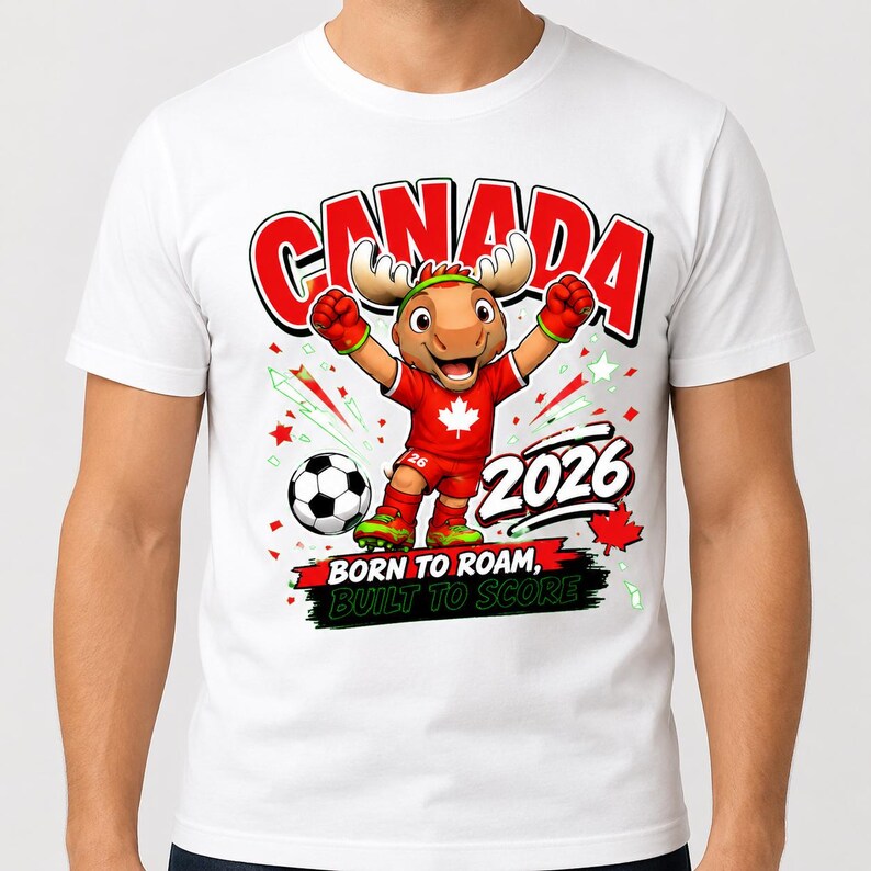 May include: A white t-shirt featuring a cartoon moose mascot wearing a red soccer uniform with a maple leaf, celebrating next to a soccer ball. The graphic includes the text CANADA, 2026, and BORN TO ROAM, BUILT TO SCORE in bold lettering.