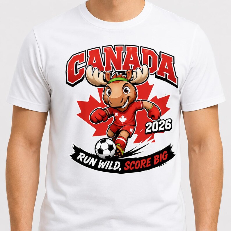 May include: A white t-shirt featuring a graphic of a cartoon moose playing soccer. The moose wears a red jersey with a maple leaf, and the design includes the text CANADA, 2026, and RUN WILD, SCORE BIG, set against a large red maple leaf background.